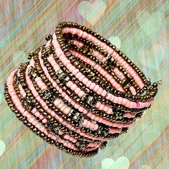 Golden Flowers & Coral Seeds Beaded Bracelet Spiral Coil Wire Retro Wrap Cuff - Picture 12 of 12